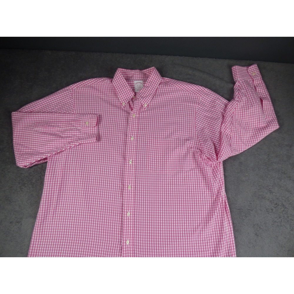 Brooks Brothers Madison Dress Shirt Mens 17.5 33 Pink Gingham Supima Cotton